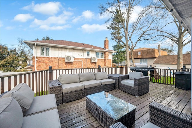 deck featuring ac unit, a grill, and outdoor lounge area