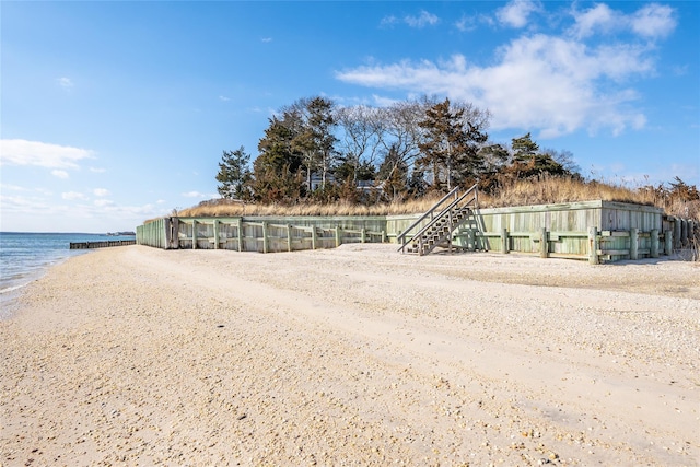 exterior space featuring a view of the beach