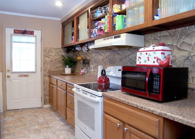 kitchen with tasteful backsplash, ornamental molding, and white range with electric stovetop