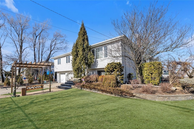 view of front of house with a garage, concrete driveway, a front lawn, and a pergola