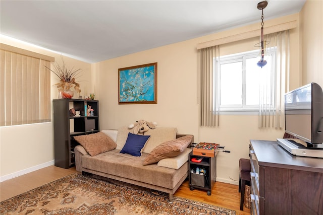 living area featuring wood finished floors and baseboards