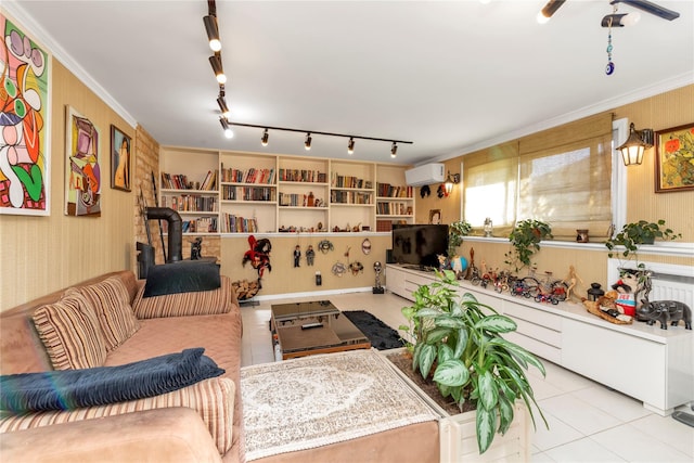 living room featuring wallpapered walls, light tile patterned flooring, ornamental molding, and a wall mounted AC