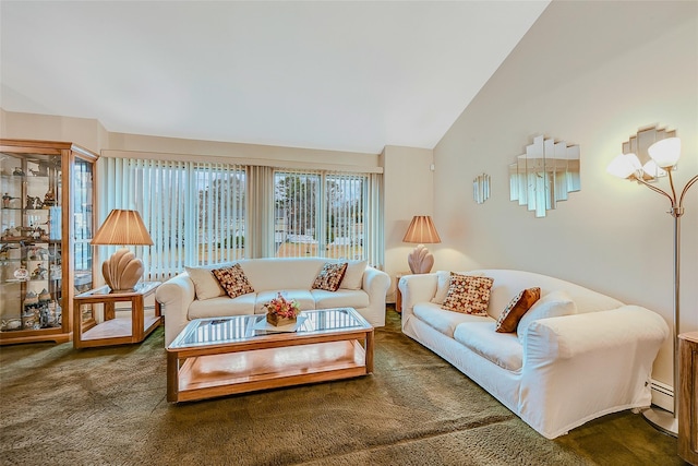 carpeted living room with lofted ceiling