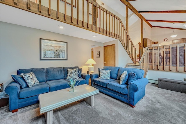 carpeted living room featuring high vaulted ceiling, beamed ceiling, and baseboard heating