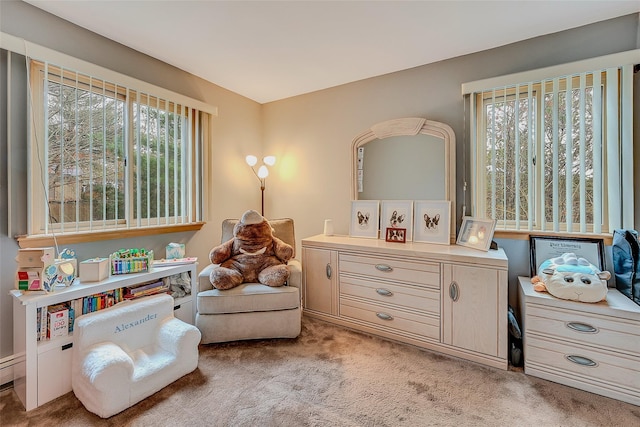 living area with carpet flooring