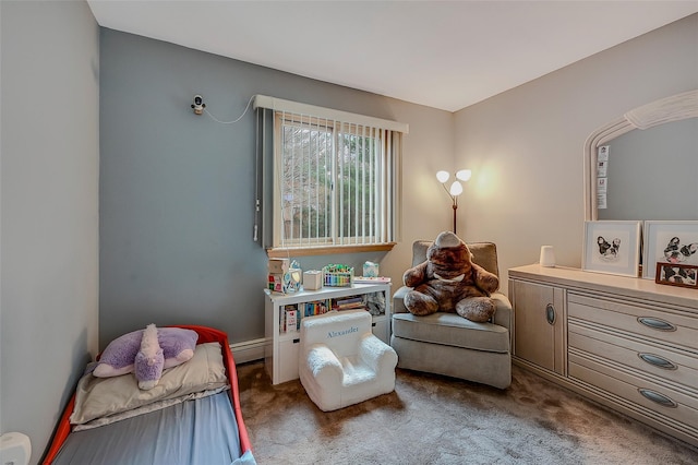 living area featuring a baseboard radiator and dark colored carpet