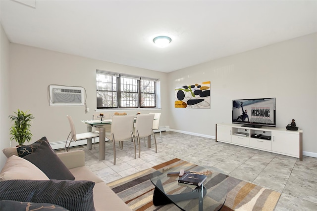 tiled dining room featuring a baseboard heating unit and a wall mounted AC