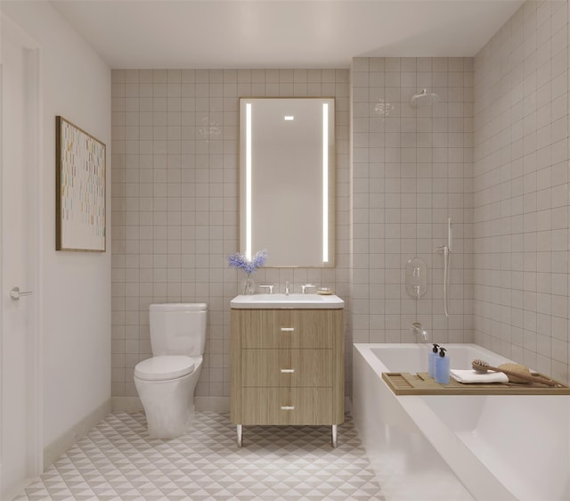 bathroom featuring vanity, toilet, and tile walls