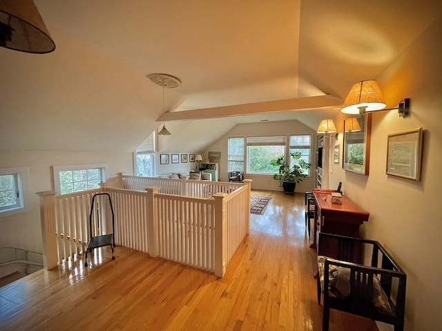 interior space featuring lofted ceiling and light hardwood / wood-style floors