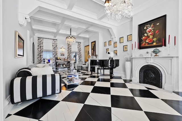 interior space with a notable chandelier, crown molding, a fireplace with flush hearth, coffered ceiling, and beamed ceiling