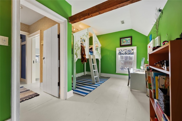 rec room featuring lofted ceiling with beams, baseboards, and visible vents