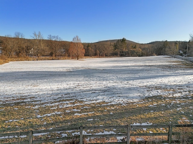 view of yard with fence, a mountain view, and a rural view