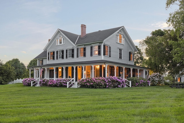 16 State School Rd, Warwick, NY 10990 - back of property with a chimney, covered porch, a yard, and a shingled roof