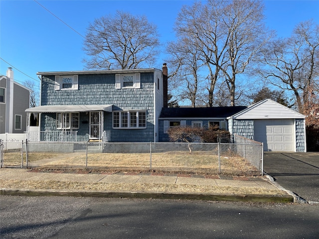 view of front of home featuring an outbuilding, a fenced front yard, covered porch, driveway, and a chimney