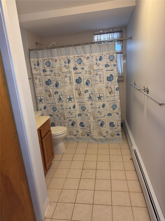 bathroom featuring a baseboard radiator, tile patterned flooring, toilet, vanity, and a shower with curtain