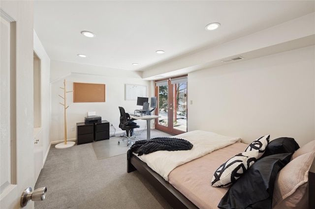 carpeted bedroom featuring recessed lighting, access to outside, visible vents, and french doors