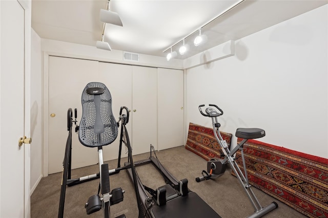 exercise area featuring carpet, visible vents, and rail lighting