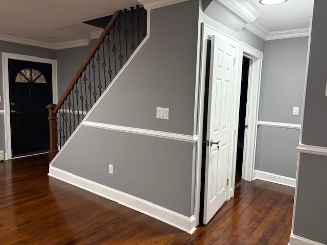 entryway with dark hardwood / wood-style flooring and crown molding