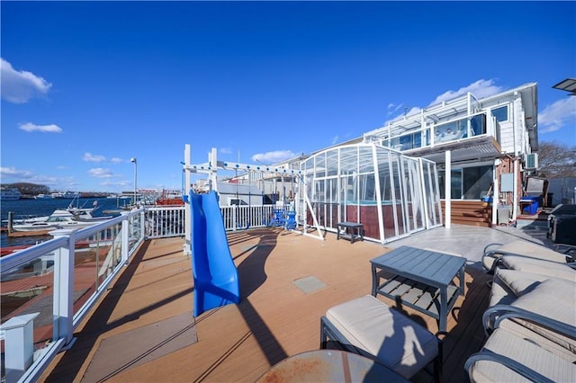 view of patio / terrace with a water view