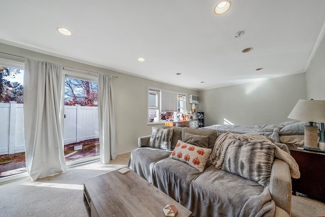 bedroom with ornamental molding, a wall unit AC, access to outside, and light colored carpet
