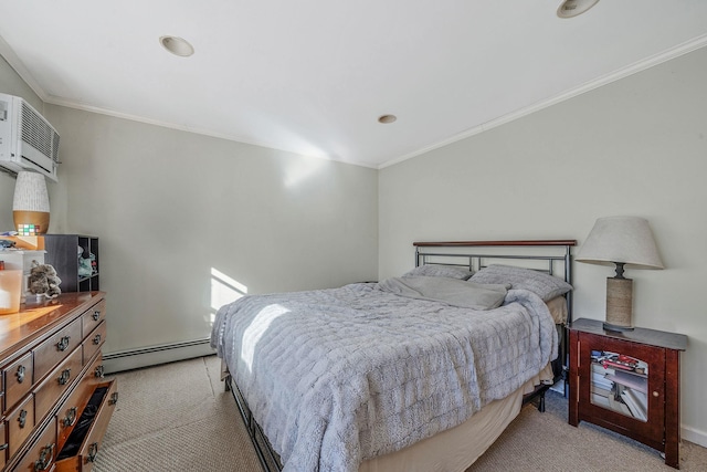 carpeted bedroom featuring crown molding and a baseboard heating unit
