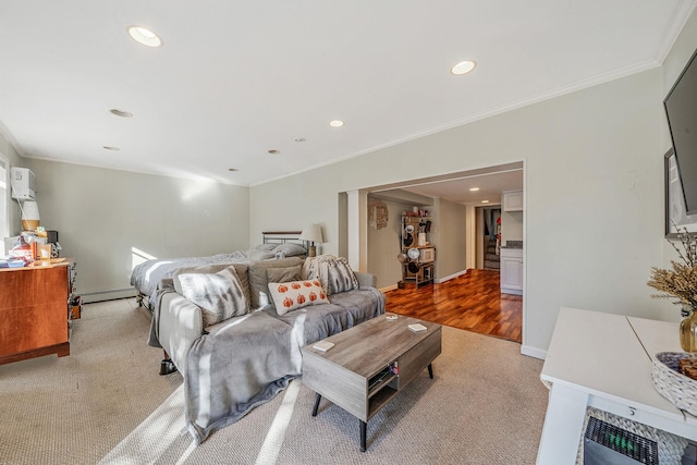 bedroom featuring light colored carpet, a baseboard heating unit, and ornamental molding