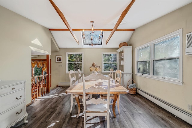 dining room with vaulted ceiling, dark hardwood / wood-style flooring, a notable chandelier, and a baseboard radiator