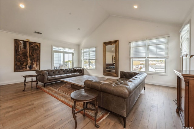 living room featuring high vaulted ceiling and light wood-type flooring