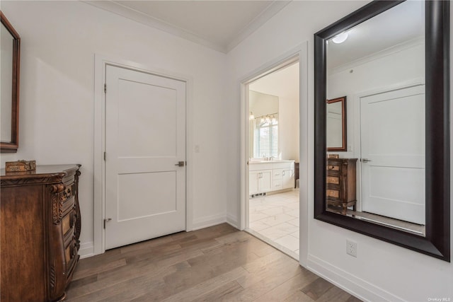 hallway with crown molding and hardwood / wood-style floors