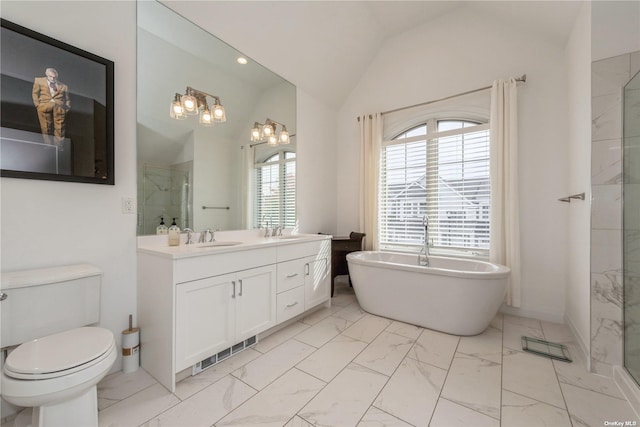 full bathroom featuring vanity, toilet, separate shower and tub, and vaulted ceiling