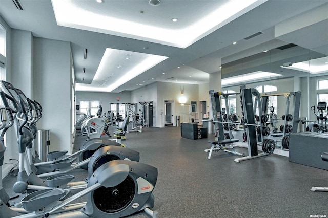 exercise room featuring a raised ceiling and plenty of natural light