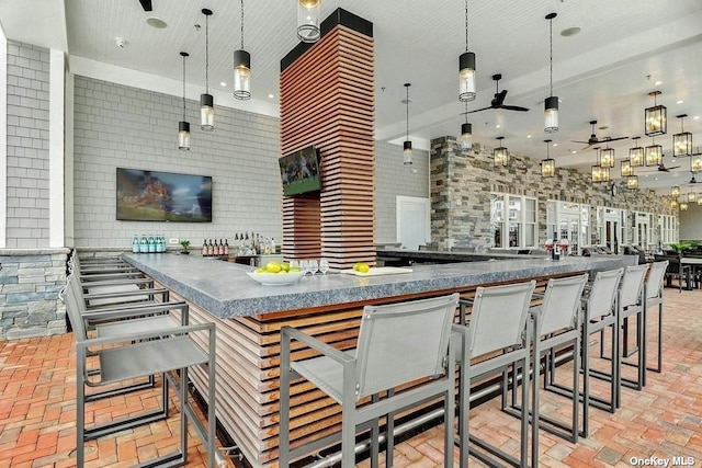 kitchen with decorative light fixtures and ceiling fan