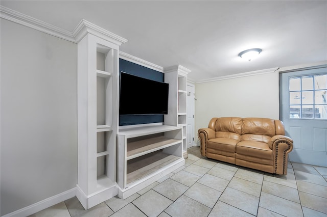 living area featuring light tile patterned floors, baseboards, built in features, and crown molding