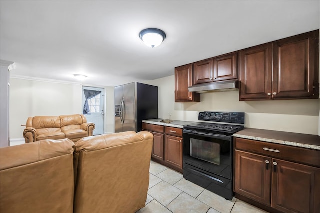 kitchen with black electric range, under cabinet range hood, light countertops, and stainless steel fridge with ice dispenser