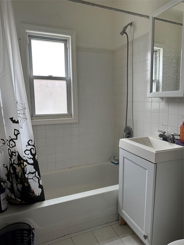 11551 209th St, Cambria Heights, NY 11411 - bathroom featuring shower / bath combo, backsplash, tile patterned flooring, and vanity