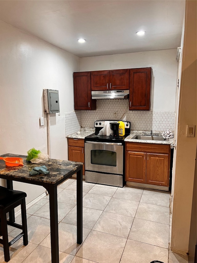 200-21 Hollis Ave, Saint Albans, NY 11412 - kitchen with tasteful backsplash, light tile patterned flooring, sink, and electric stove