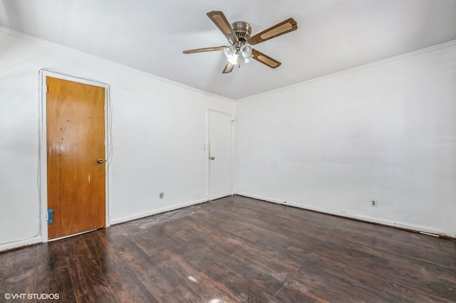 spare room featuring ornamental molding, dark hardwood / wood-style floors, and ceiling fan