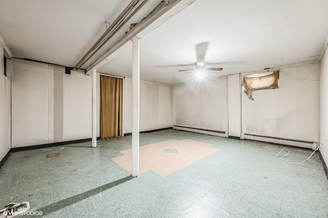 basement featuring ceiling fan and a baseboard radiator