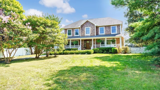 colonial-style house featuring covered porch and a front yard