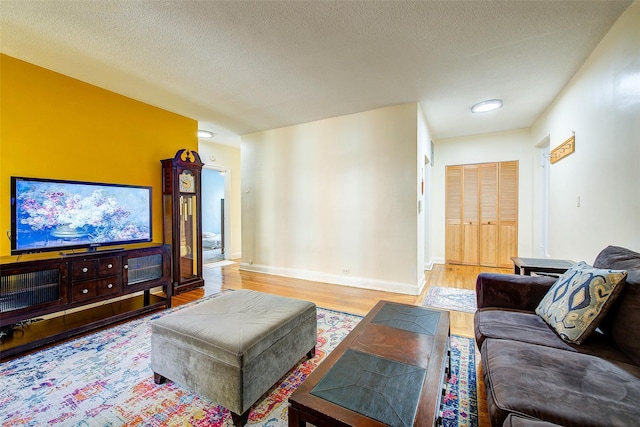 living room with a textured ceiling and light wood-type flooring