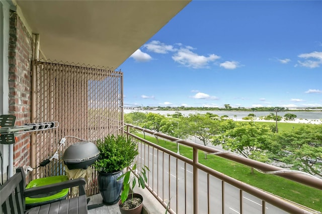 balcony with grilling area and a water view