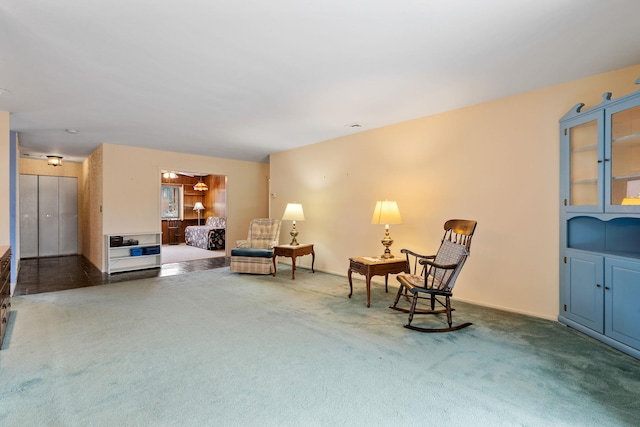 living area with dark colored carpet