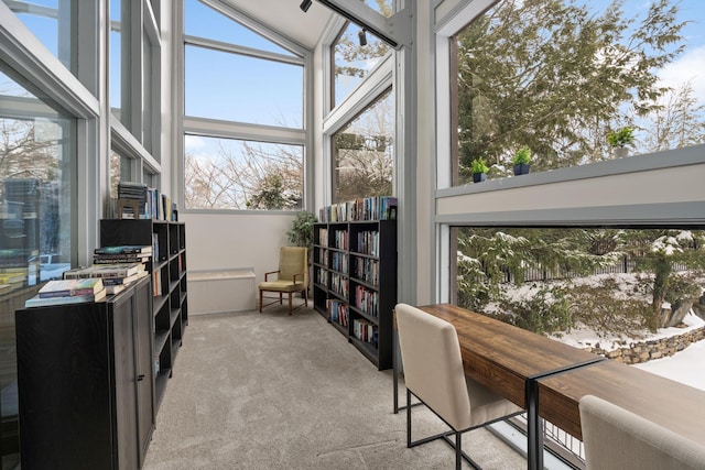 home office with light carpet and a high ceiling