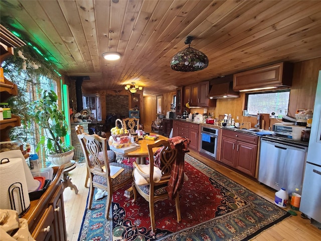 dining room with light wood finished floors and wood ceiling