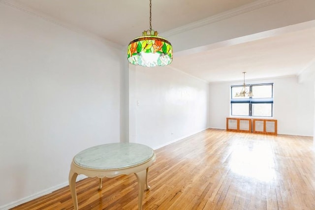 interior space with light hardwood / wood-style flooring and ornamental molding