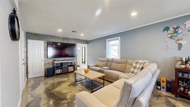 living area featuring recessed lighting, marble finish floor, visible vents, and crown molding