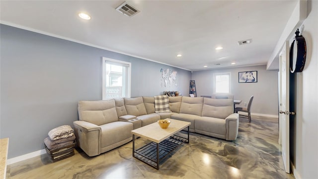 living area featuring ornamental molding, recessed lighting, visible vents, and baseboards