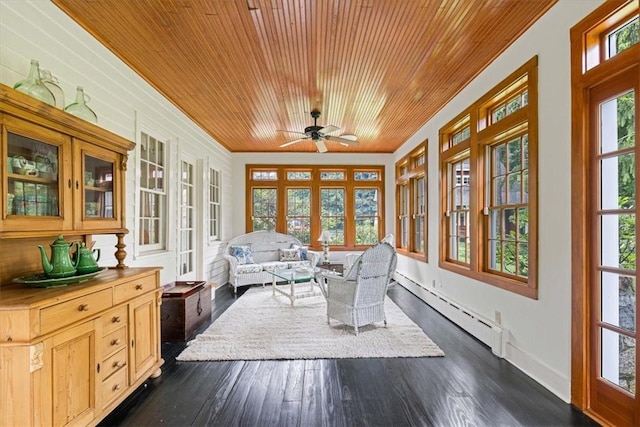 sunroom featuring wood ceiling, a healthy amount of sunlight, and a baseboard radiator