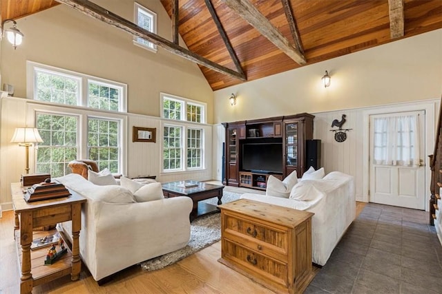 living room featuring high vaulted ceiling, wood ceiling, and beamed ceiling