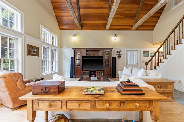 living room featuring wooden ceiling, visible vents, a wealth of natural light, and beamed ceiling